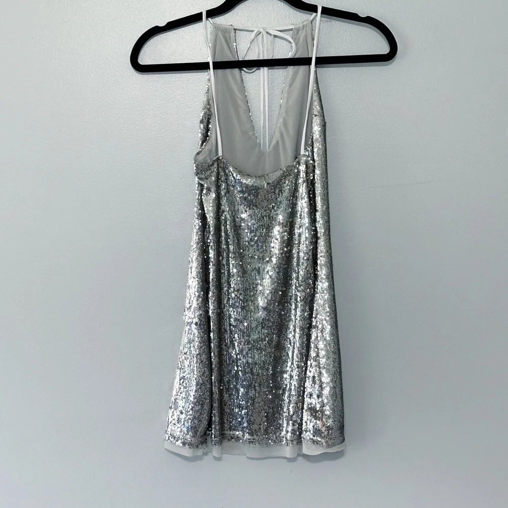 NWT FREE PEOPLE INTIMATELY DOUBLE TAKE SEQUIN MINI DRESS METALLIC SILVER Size XS